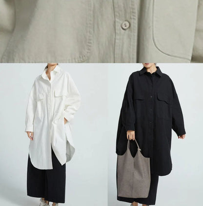 Natural White Cotton Clothes Big Pockets Shift Shirt Dress