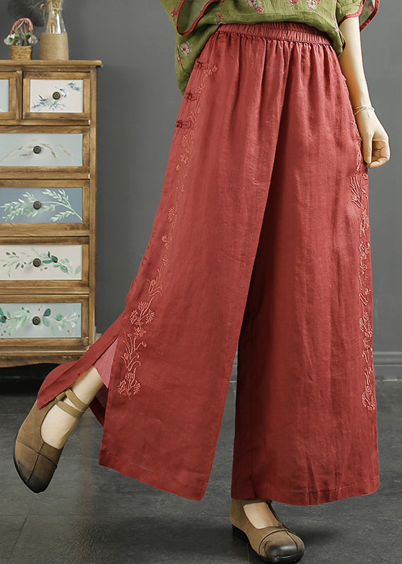 Blackish Green Embroideried Side Open Linen Crop Pants Spring