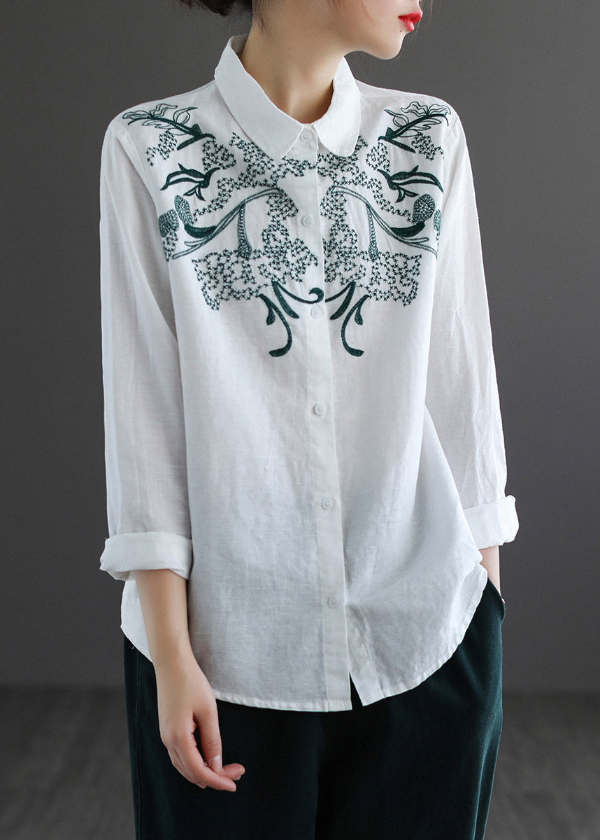 White Peter Pan Collar Embroideried Shirt Long Sleeve