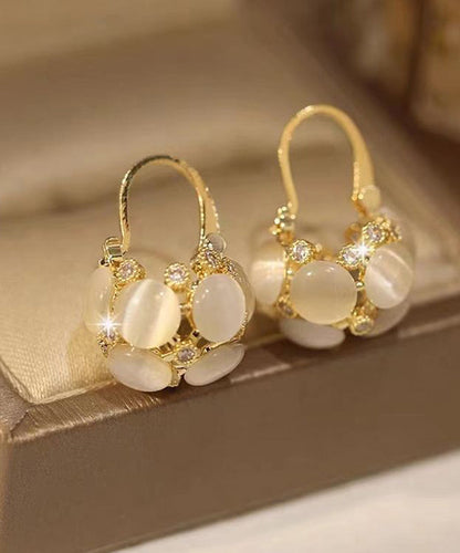 Gold Sterling Silver Overgild Cat Eye Stone Flower Basket Hoop Earrings