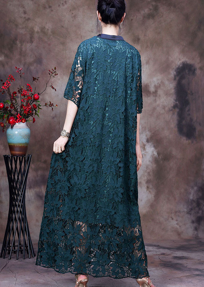 Green Button Embroideried Side Open Lace Long Dress Half Sleeve