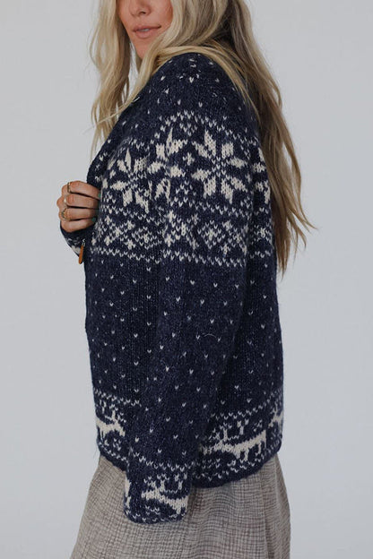 Christmas Snowflake Moose Zip Long-Sleeve Sweater