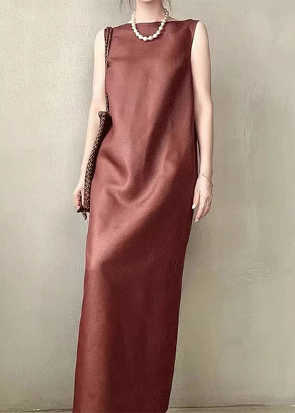 Red Pockets Back Side Open Silk Long Dress Sleeveless Summer
