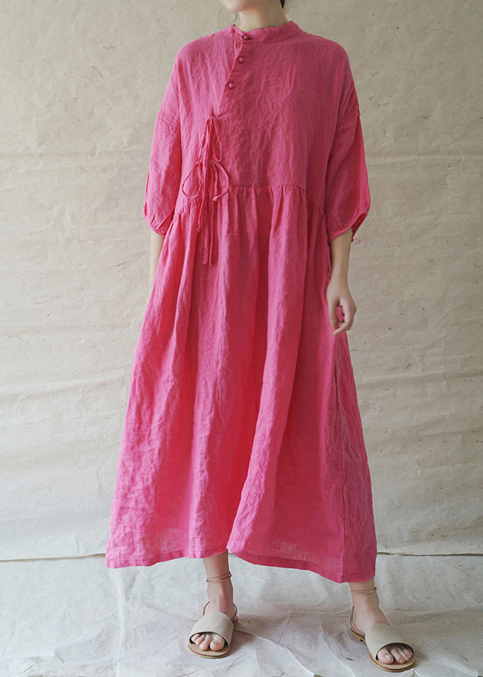 Classy Rose Stand Collar Button Cinched Linen Holiday Dress Half Sleeve