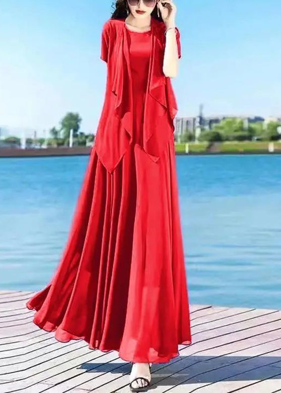 Royalblue O-neck Chiffon Cardigans and Long Dress Two Pieces Set Summer