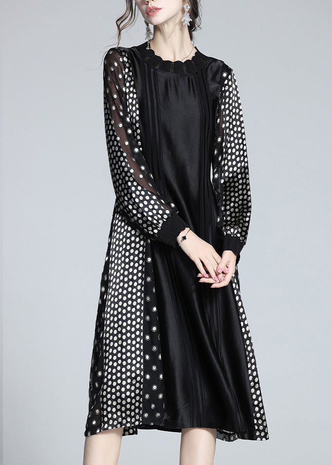 Jacquard Black O-neck Patchwork Dot Party Long Dress Long Sleeve