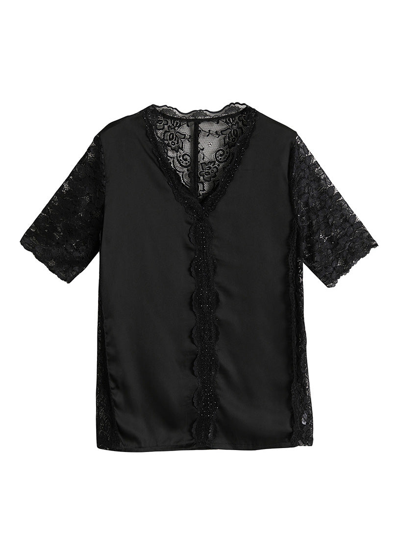Black V Neck Lace Patchwork Top Short Sleeve Summer