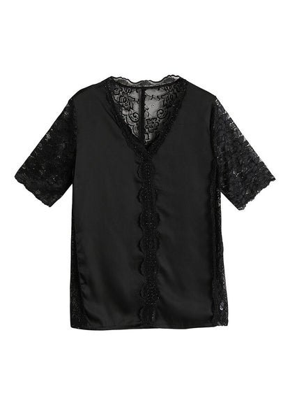 Black V Neck Lace Patchwork Top Short Sleeve Summer