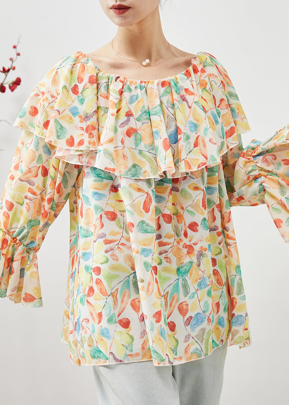 Apricot Slash Neck Print Chiffon Blouses Spring