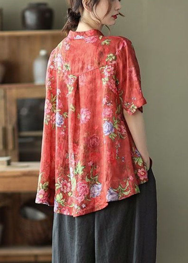 Red Stand Collar Print Cotton Shirt Tops Short Sleeve