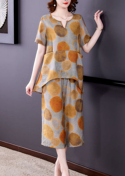 Italian Yellow V Neck Pockets Silk Top and Wide Leg Pants Two Piece Set Summer