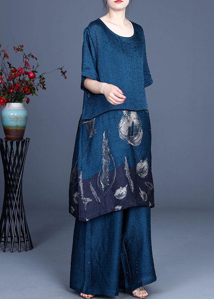 Blue Patchwork Print Long Clothes Wide Leg Two Pieces Set
