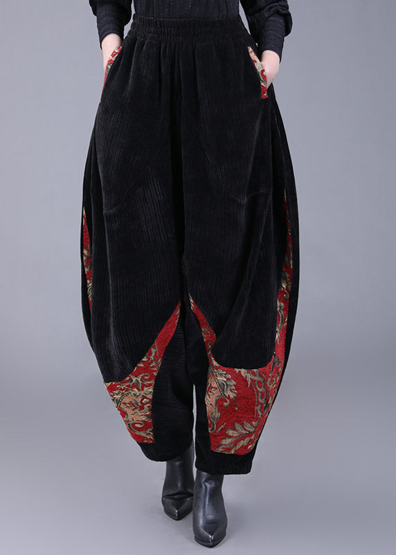 Black Pockets Embroideried Corduroy Lantern Pants Fall