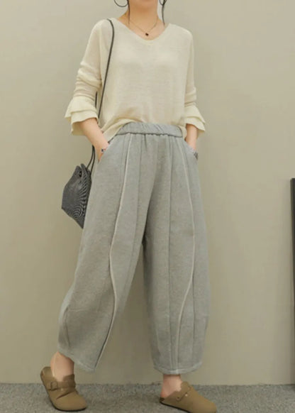 Grey Pockets Elastic Waist Patchwork Cotton Pants Fall