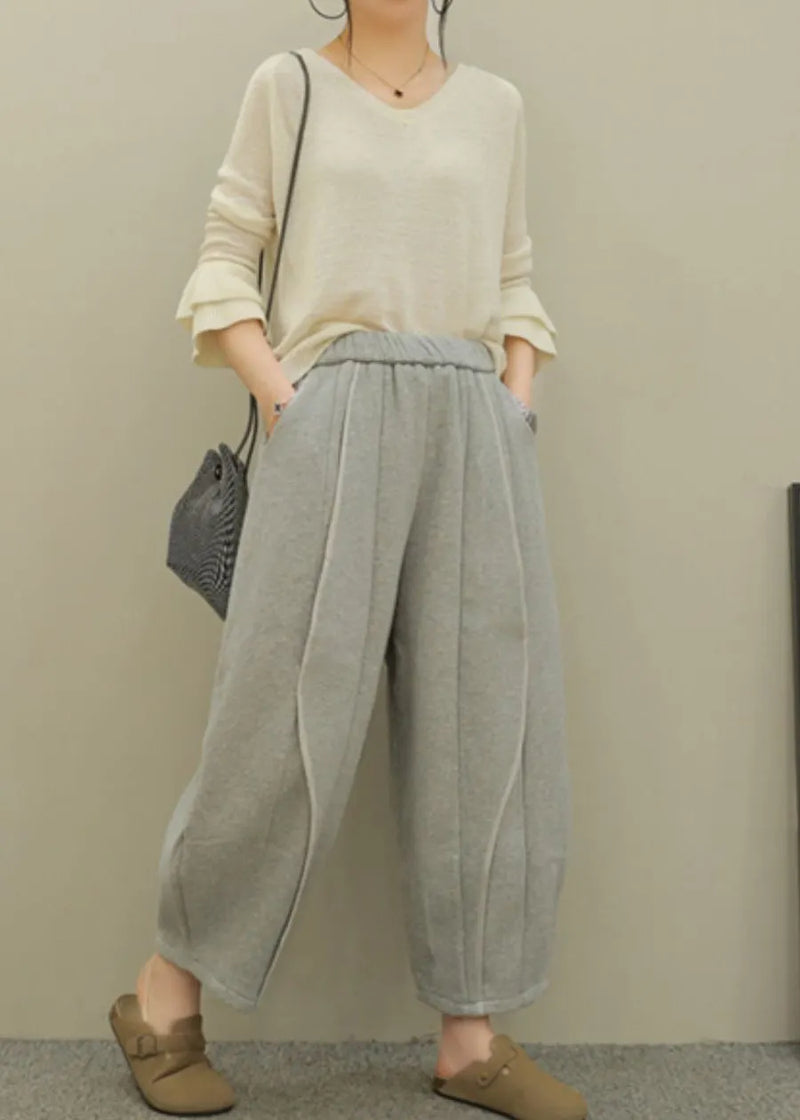 Grey Pockets Elastic Waist Patchwork Cotton Pants Fall