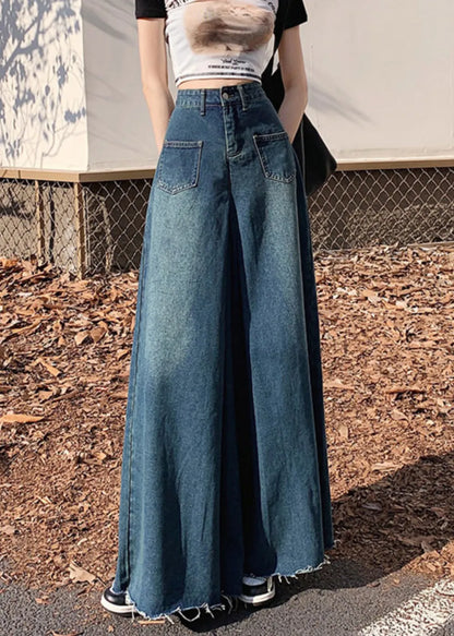 French Navy Denim Wide Leg Pants Tasseled Fall