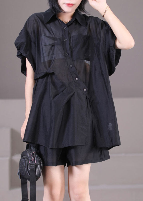 Black Asymmetrical Design Button Silk Shirts and Shorts Two Piece Suit Set Summer