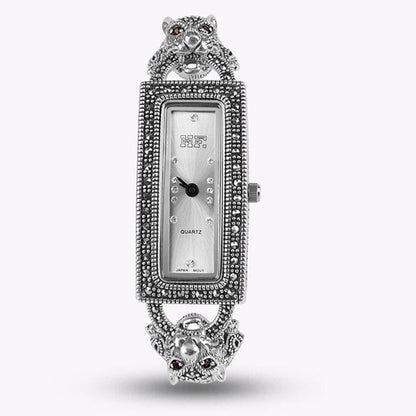 White Sterling Silver Metal Stainless Steel Organic Glass Leopard Head Wrist Watch
