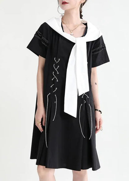 Comfy Black Hooded Design Patchwork Summer Mini Dresses Short Sleeve