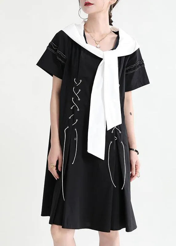 Comfy Black Hooded Design Patchwork Summer Mini Dresses Short Sleeve
