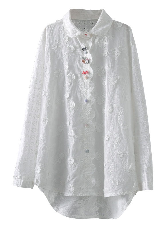 Diy White Embroideried Three-dimensional Cotton Shirt Top Long Sleeve