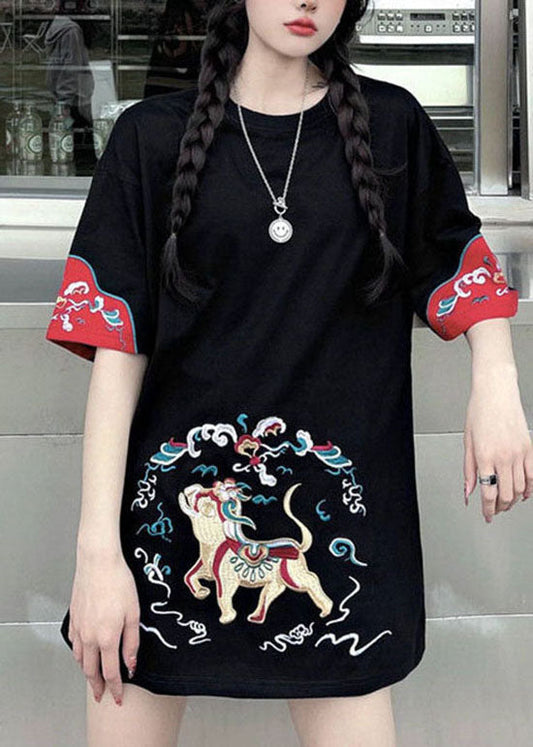 Black Patchwork Loose Tanks O-neck Short Sleeve
