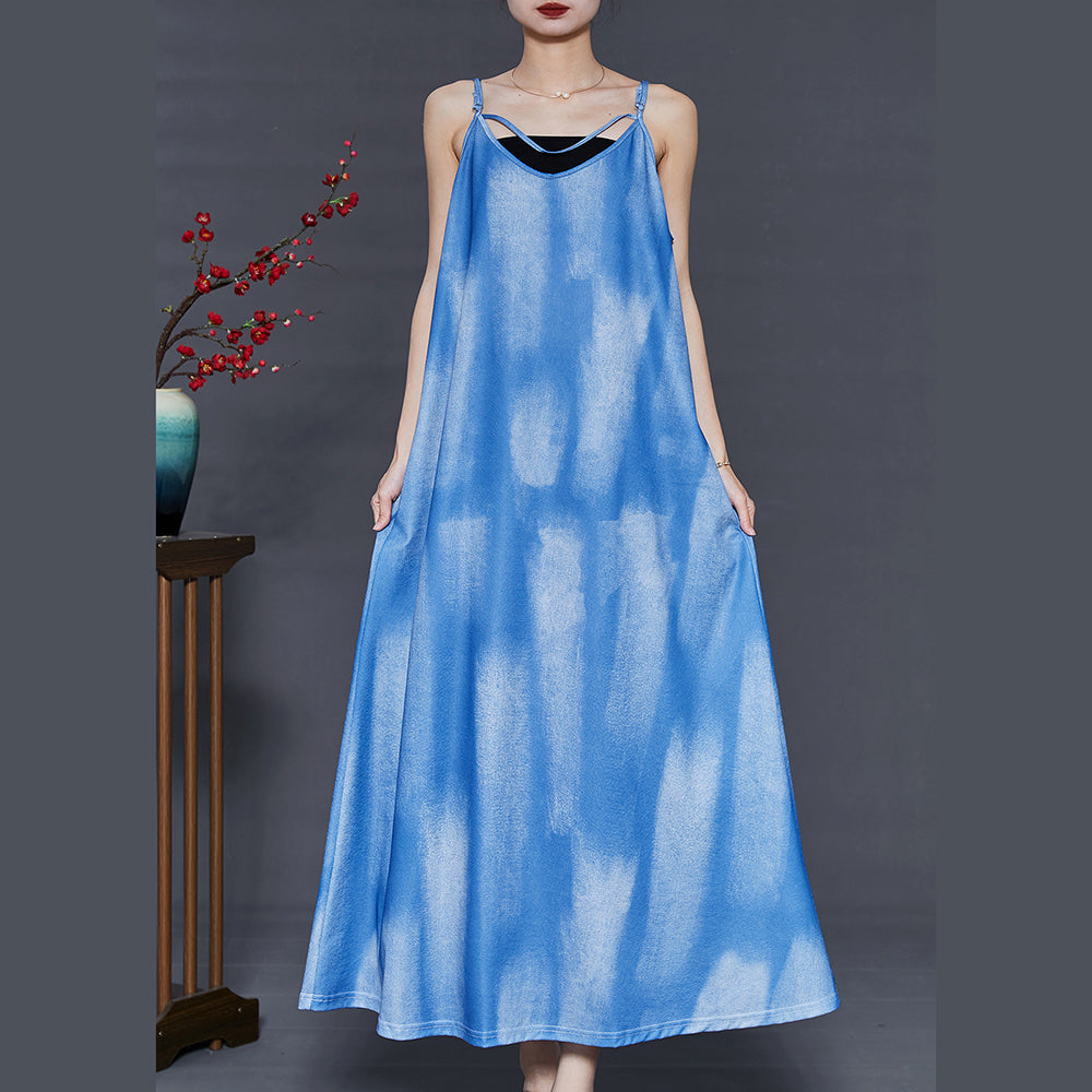 French Blue Tie Dye Cotton Spaghetti Strap Dress Summer