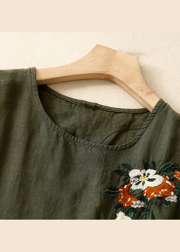 Khaki O Neck Embroidered Linen T Shirts Summer