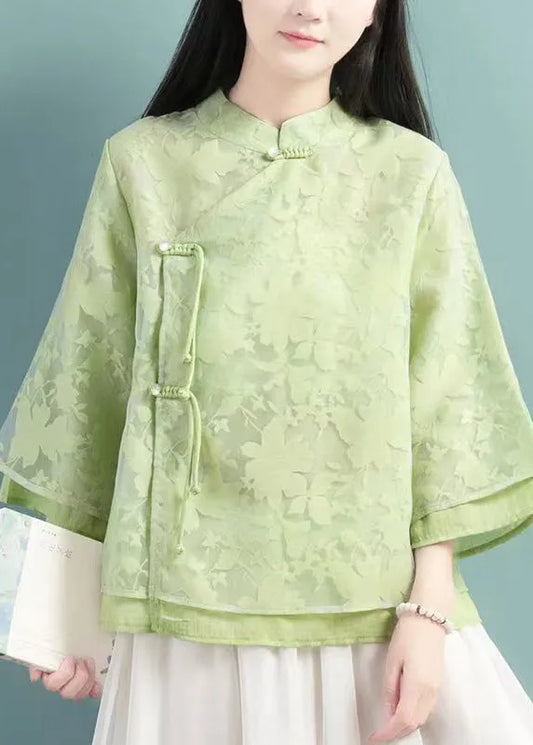 Green Stand Collar Tasseled Patchwork Tulle Shirt Tops Fall
