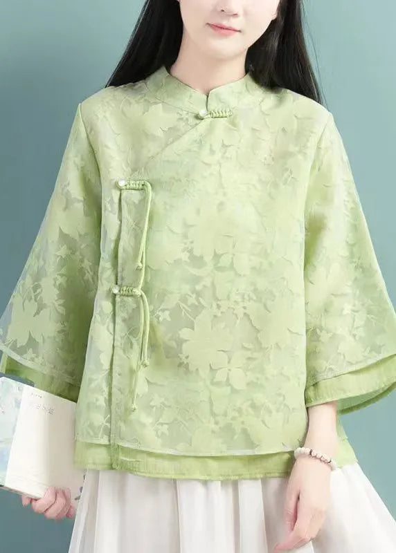 Green Stand Collar Tasseled Patchwork Tulle Shirt Tops Fall
