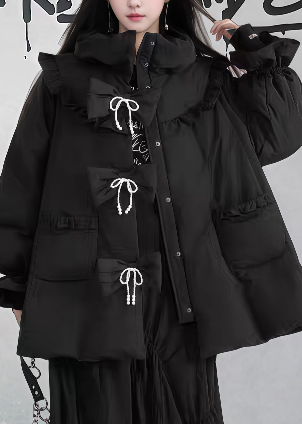 Black Ruffled Pockets Patchwork Fine Cotton Filled Puffers Jackets Winter