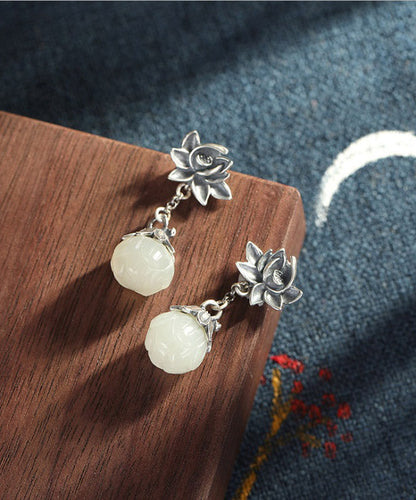 Sterling Silver Inlaid Pearl Lotus Drop Earrings