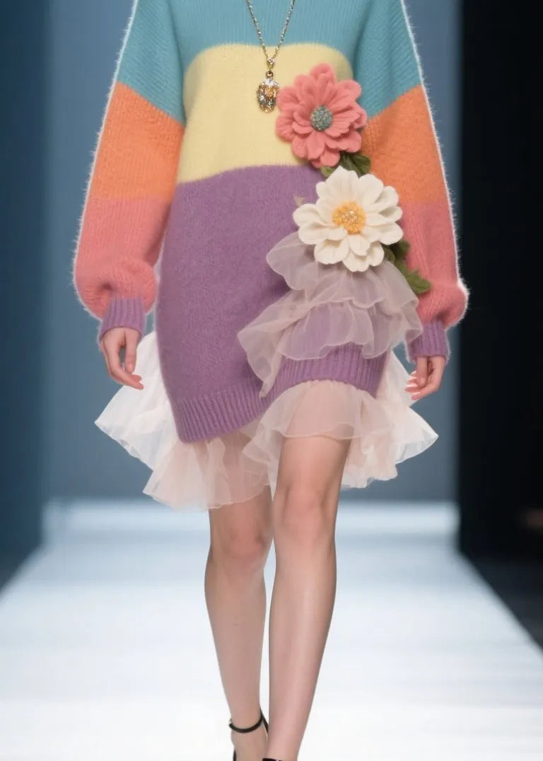 French Colorblock O Neck Tulle Knit Sweater Dress Winter