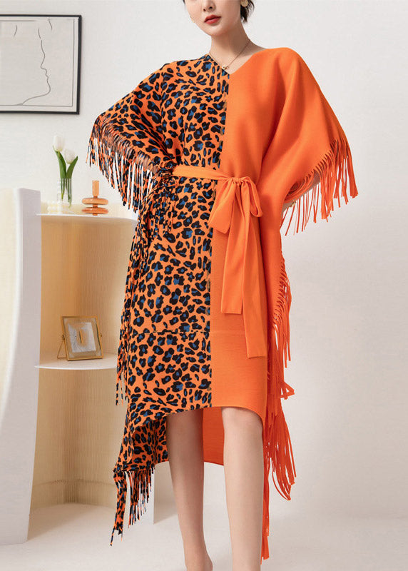 Orange Asymmetrical Design Patchwork Tie Waist Tassel Long Dress Fall