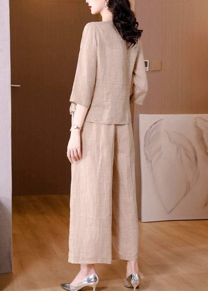 Beige Asymmetrical Tie Waist Linen Two Pieces Set Spring