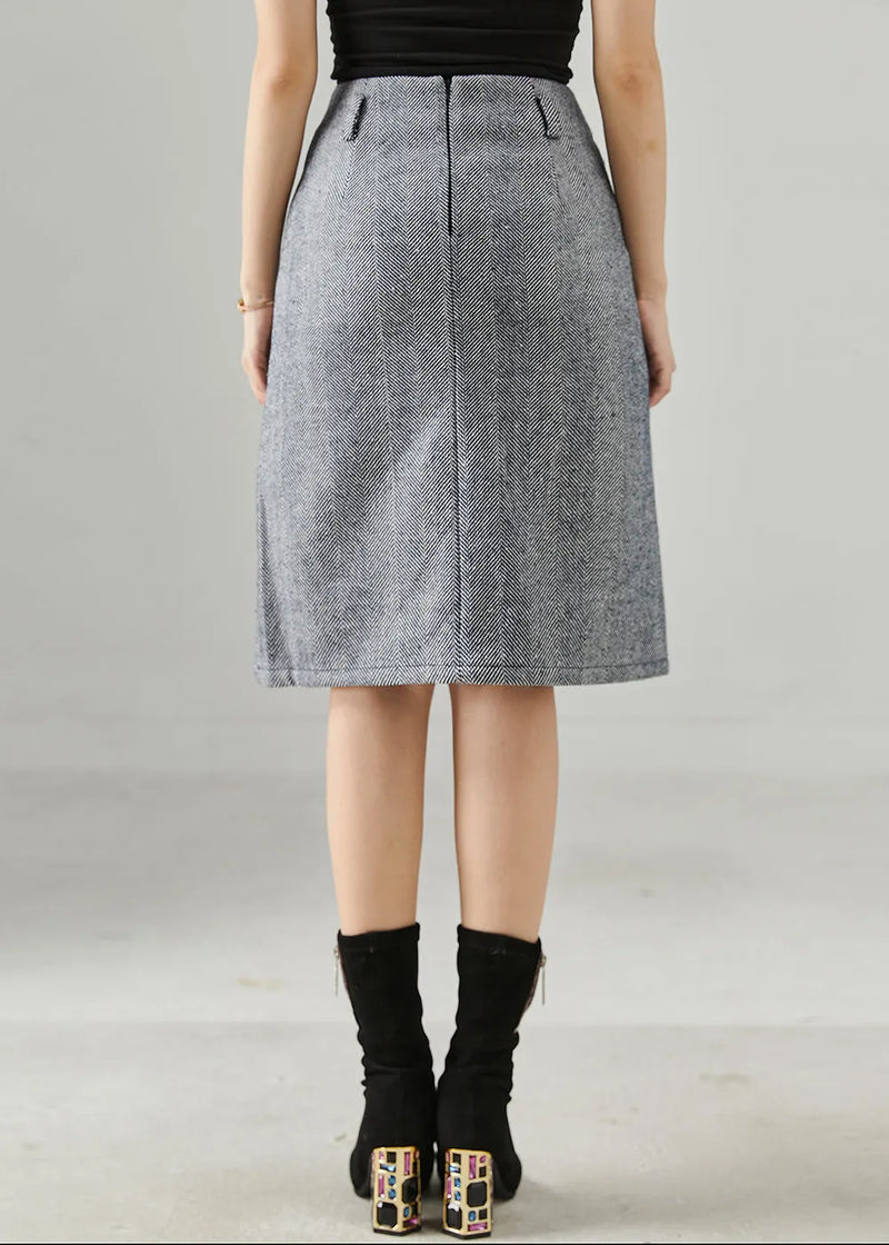 Grey Striped Pocket Cotton Wraped Skirts Fall