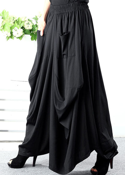 Style Black Asymmetrical Pockets Cotton Pants Spring