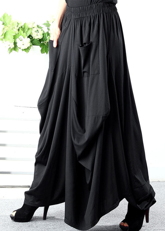 Style Black Asymmetrical Pockets Cotton Pants Spring