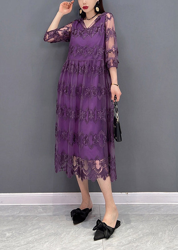 Modern Purple V Neck Embroideried Lace Patchwork Hooded Dress Long Sleeve
