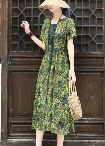 Green Square Collar Tie Waist Patchwork Fake Two Piece Dresses Short Sleeve