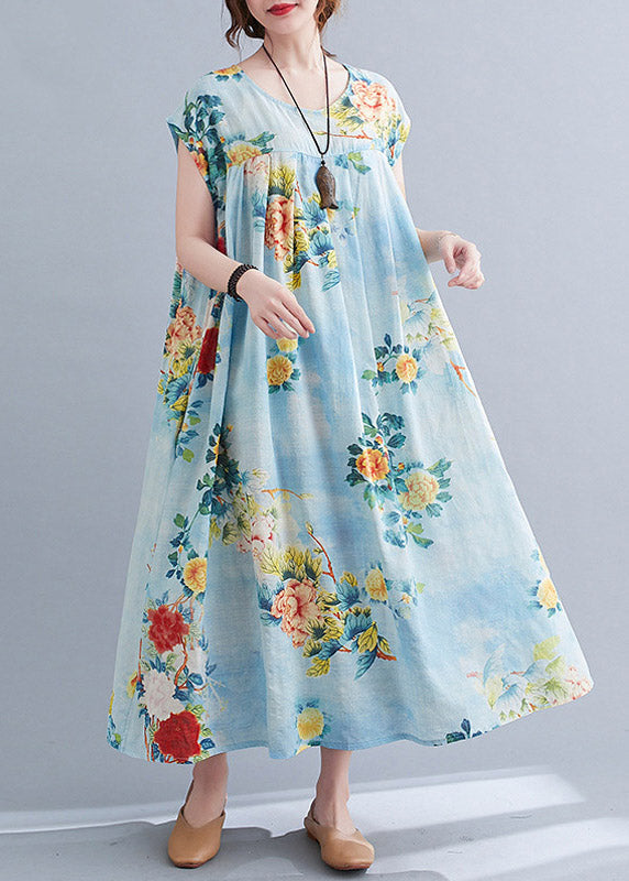 Flower Number Five O-neck Print Pockets Wrinkled Cotton Long Dress Short Sleeve