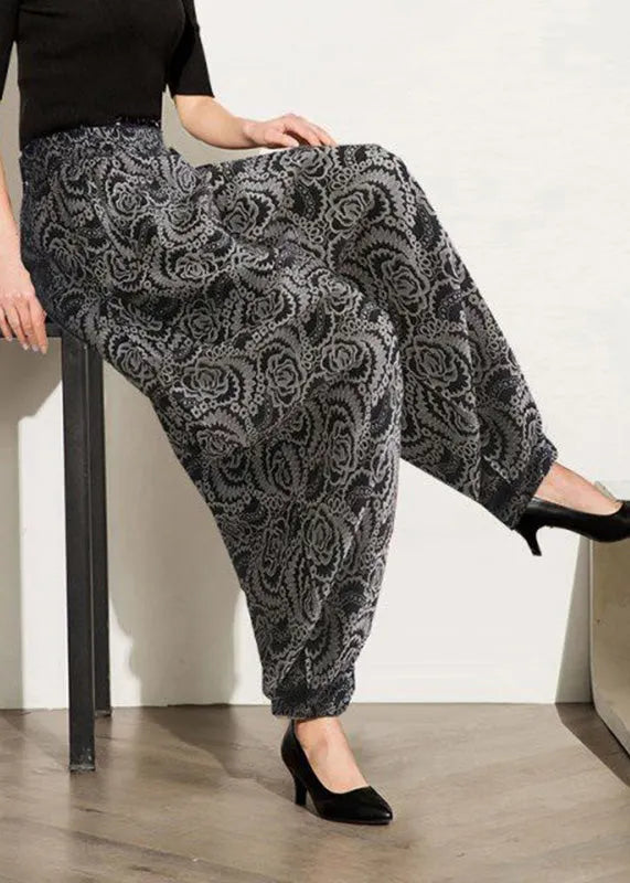 Black Print Elastic Waist Lantern Pants Spring