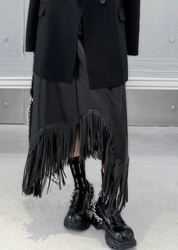 Black High Waist Tassel Patchwork Faux Leather a Line Skirt Fall