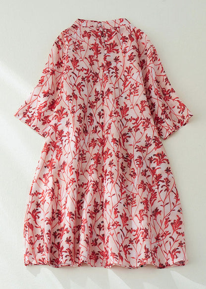 Diy Red Stand Collar Print Button Cotton Blend Holiday Cinch Dress Half Sleeve Summer