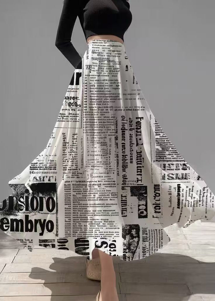Unique White Newspapers Print Draping Chiffon Skirts Fall