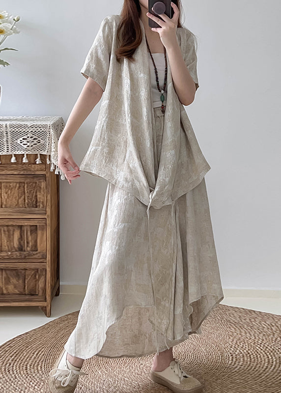 Beige Asymmetrical Jacquard Cotton Two Pieces Set Fall