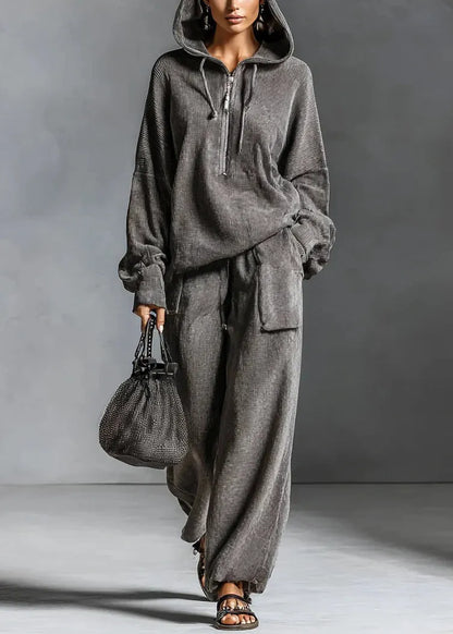 Grey Hooded Zippered Elastic Waist Two Pieces Set Spring
