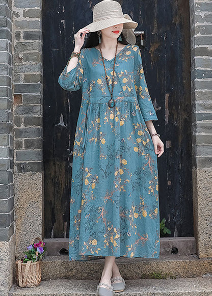 Blue Print Cotton Linen Holiday Dress Drawstring Exra Large Hem Bracelet Sleeve Summer