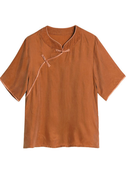 Rose O-neck Oriental Button Color Silk Shirt Top Short Sleeve
