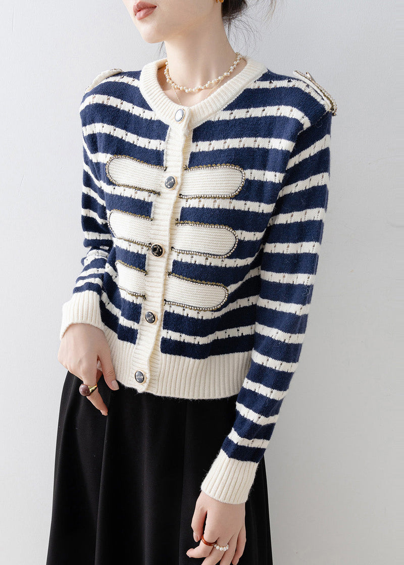 Navy O-neck Striped Knit Cardigan Spring